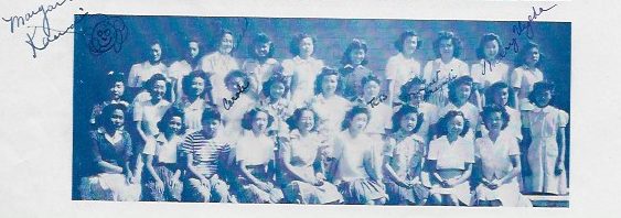 Takeko is seated third from the left on the second row of this yearbook photo.