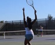 Junior Jahnavi Reddy serves to a Livermore player on Sept. 11.