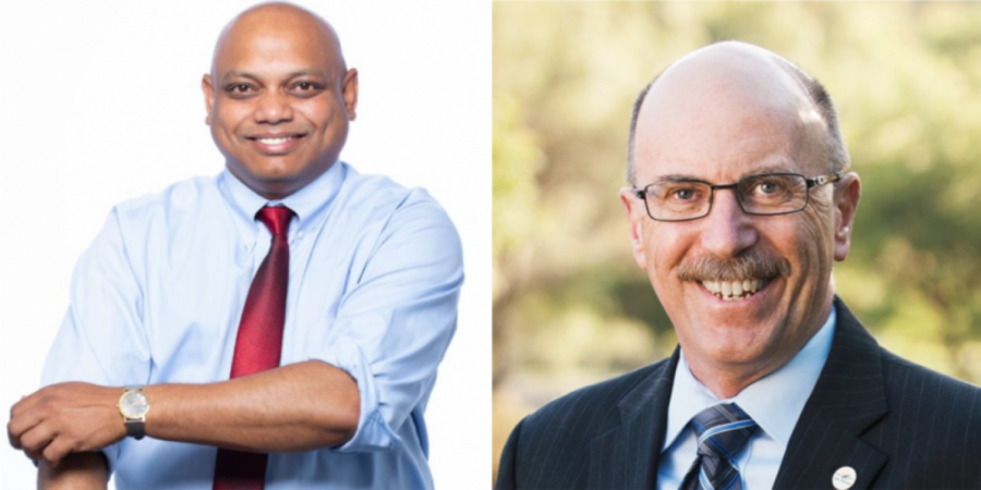 On Nov. 6, challenger Sanat Sethy (left) hopes to defeat incumbent Bill Clarkson (right) to become the next mayor of San Ramon.