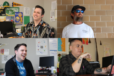 Four Dougherty Valley teachers (top left, Michael Morelli; top right, Jack Sorenson; bottom left, Derek Keith; bottom right, Ashley DeGrano) explain the backgrounds and living significance of the ink on their skin.