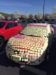 Clementes car after a playful post-it prank by Mrs. Seipel and Mrs. Chamberlain.