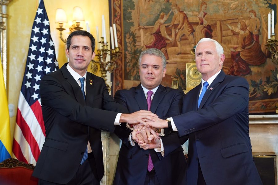 U.S.+Vice+President+Mike+Pence+%28right%29+and+Colombian+President+Iv%C3%A1n+Duque+M%C3%A1rquez+%28middle%29+express+strong+support+for+Interim+President+of+Venezuela+Juan+Guaido.