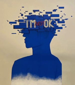 Seniors Jennifer Gee, Aarushi Vekaria, Tracey Ley and Tejal Thakral created the piece outside the 1000 building. Blue masking tape forms the silhouette of a human head that explodes into glitches.
