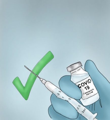 A gloved hand holds a dosage of COVID-19 vaccine and a syringe needle with a green checkmark to the left of the hand.