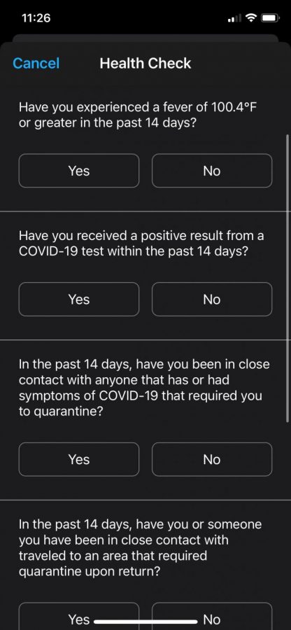 After opening TeamSnap and navigating to the COVID-screening interface, users are presented with these questions. 