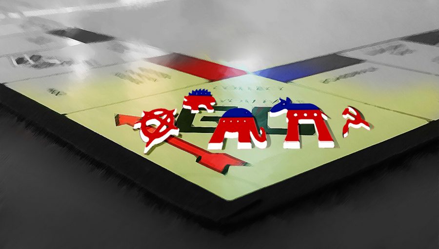 Political symbols representing the Republican Party, Democratic Party, and Libertarian Party sit on a Monopoly board.