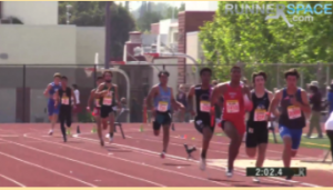 Arcadia Invitational: Aryan Srivastana, 10, the 5th runner from the right in DVs light blue jersey, runs past the 200 meter curve, 200 meters left to go.