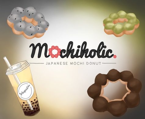 logo of the brand Mochiholic with images of Mochi donuts and boba drink