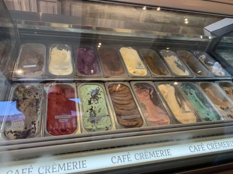 An array of different gelato flavors, ranging from strawberry to mint chocolate chip.