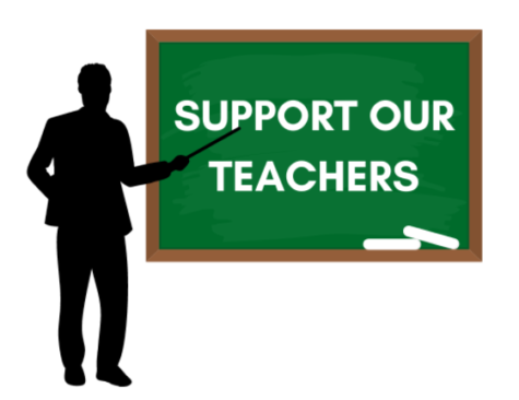 A silhouette of a teacher holding a stick, which points to a whiteboard with the words SUPPORT OUR TEACHERS