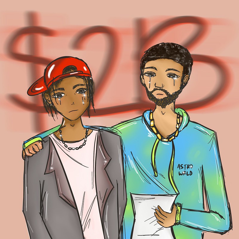 an illustration of Drake and Travis crying with baby faces, looking at a fine/ bill they have to pay. $2B is written in big black letters in the background