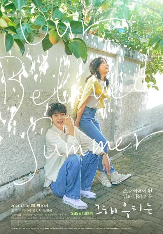 Two characters are seen smiling, with sunlight shining on them as they lean on a wall. The title of the tv show, Our Beloved Summer is written in large white cursive across the page.