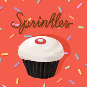 Sprinkles Bakery’s red velvet cupcake, being one of their best-sellers, is presented under the “Sprinkles” logo.