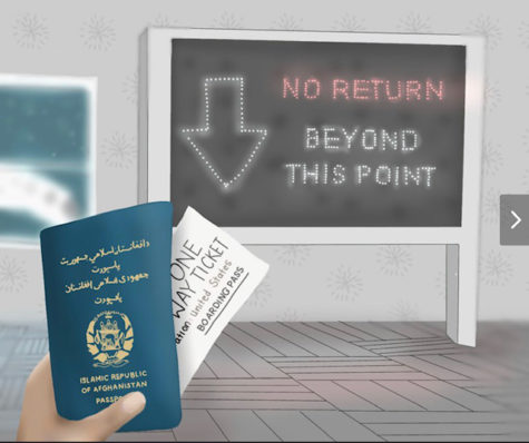 A sign has an arrow and says NO RETURN BEYOND THIS POINT. A hand holds a passport and a one-way ticket.