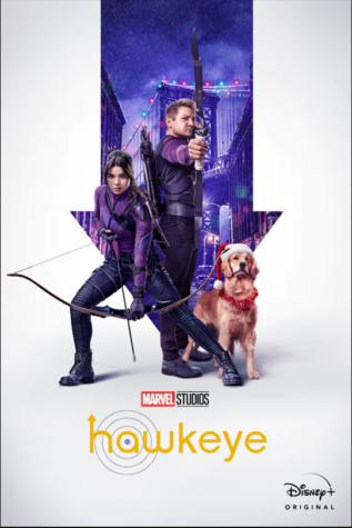 Film poster of Hawkeye holding an arrow towards the viewer, Kate Bishop poses with an arrow as well. A dog with golden fur is wearing a santa hat. Theres a purple color palette.