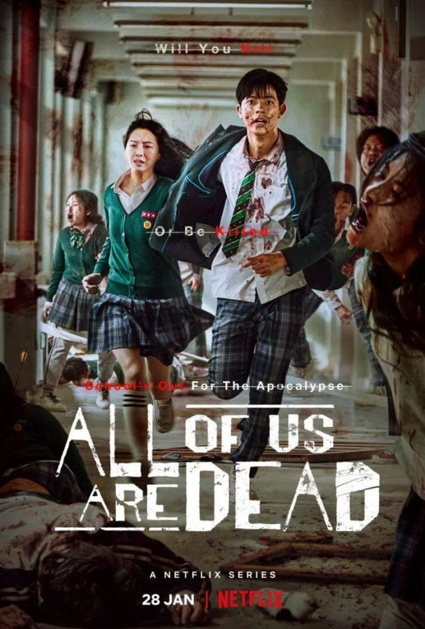 A+young+man+with+blood+splattered+on+his+face+and+shirt+is+running+with+other+high+school+students.+Zombies+on+the+side+are+falling+to+the+ground.+The+poster+has+the+title+All+of+us+are+Dead+in+large+white+letters