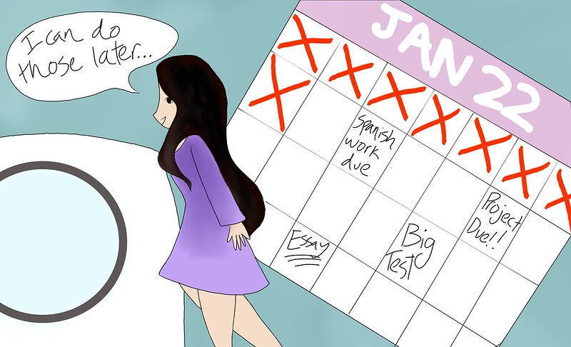 A girl is looking to the left saying I can do those later. A large calender with many assignments due is to the right.