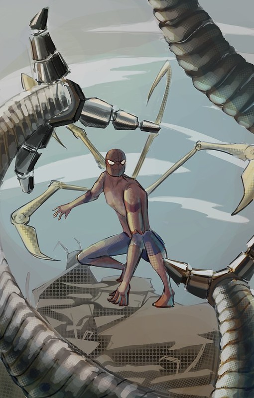 Spider man is crouching down in his signature spider pose. Robotic arms surround him
