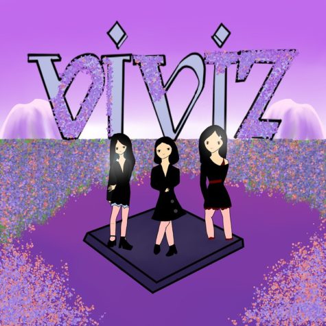 Text in the backdrop says viviz in shades of purple. Three female members are standing on a black platform, surrounded purple flowers.