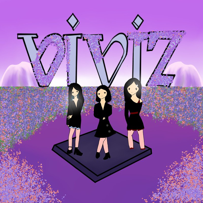 Text+in+the+backdrop+says+viviz+in+shades+of+purple.+Three+female+members+are+standing+on+a+black+platform%2C+surrounded+purple+flowers.