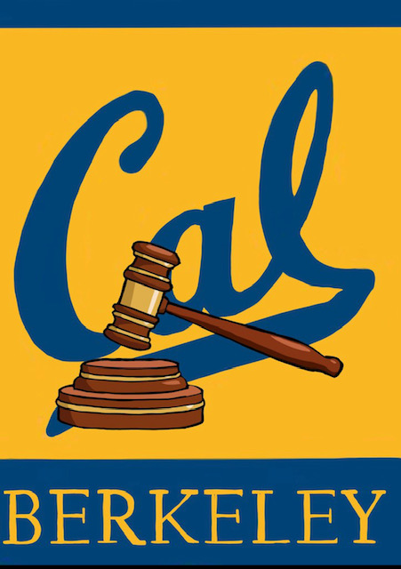 Cal logo in the background, a gavel is in the center