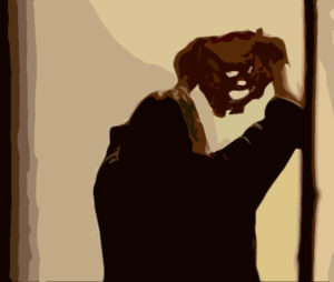 a silhouette of a man looking up at a mask