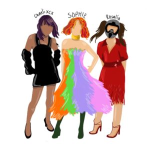 Illustration of Charli XCX on the left wearing a black dress with arm muffs, SOPHIE in the middle wearing a rainbow fluffy dress, and Rosalia in the right with her signature ponytails, helmet, and a red dress.