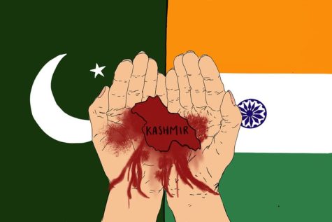 An illustration of two hands cusped together holding the geographic representation of Indian state Kashmir, which is colored in a blood red. The background shows a division between the Pakistan flag (left) and Indian flag (right)