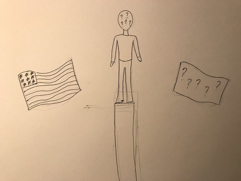 A faceless man (face instead has question marks) stands on a piller in the middle, an american flag on the left and mysterious flag on right