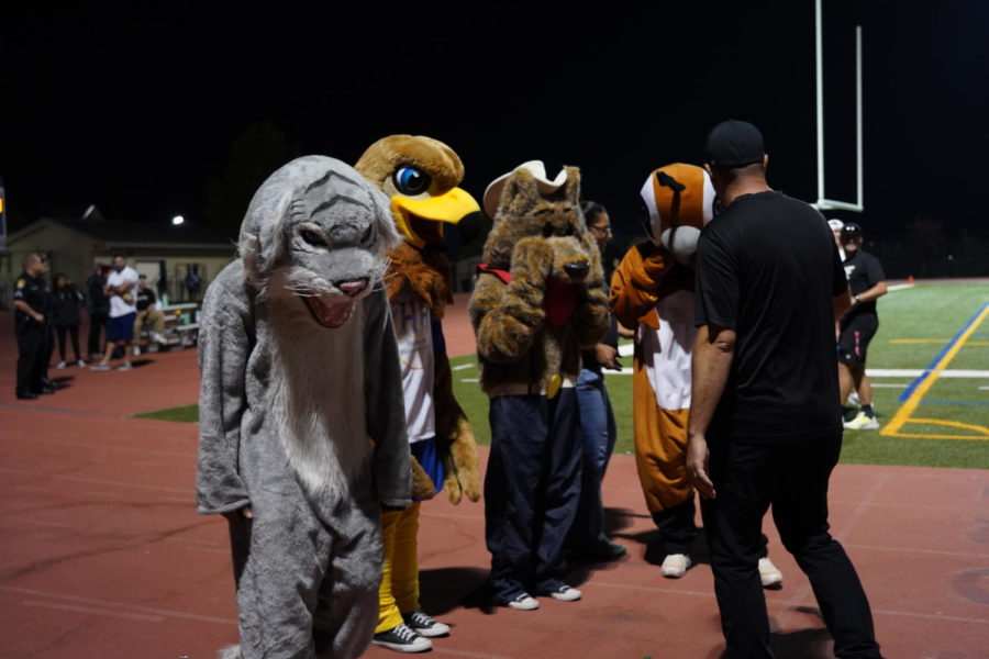 Four courageous mascots receive a pep talk before running down the track. 