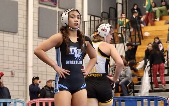 Madison Macachor wrestled Granada’s Kaylen Williams at the EBAL Championships on Feb. 10 and 11.