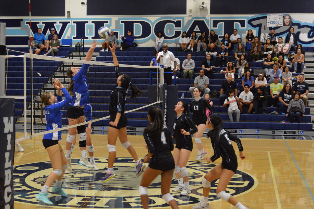 Sophomore+Violet+Bothwell+leaps+to+joust+for+the+ball+against+Foothill.