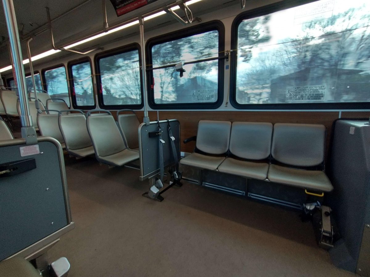 Interior of an empty bus traveling down Bollinger Canyon Road.