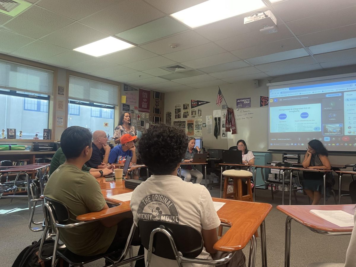 From left to right: Bob Spain, Johann Somerville, Jamie Shackelford, Lauren Falkner, Erin Tanihara and Pooja Srivastava. Assistant principal Jamie Shackelford presents to the council at the October meeting. 