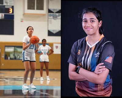 Freshman Jaiden Liggins (left) makes a free throw in the DVHS home game against Napa Valley on Jan. 16 while freshman Rishika Nanda (right) smiles for her badminton picture. // John Bute and Madhu Pai