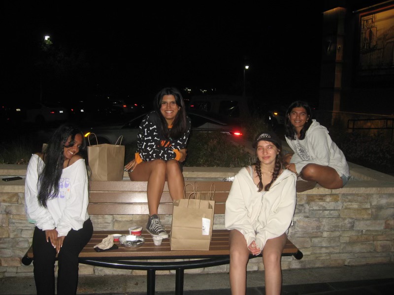 Anika Kodali, Sofia Sahota, Neha Vaid and Nishita Mukherjee enjoying their BJ’s pizookies to-go outside of BJ’s.