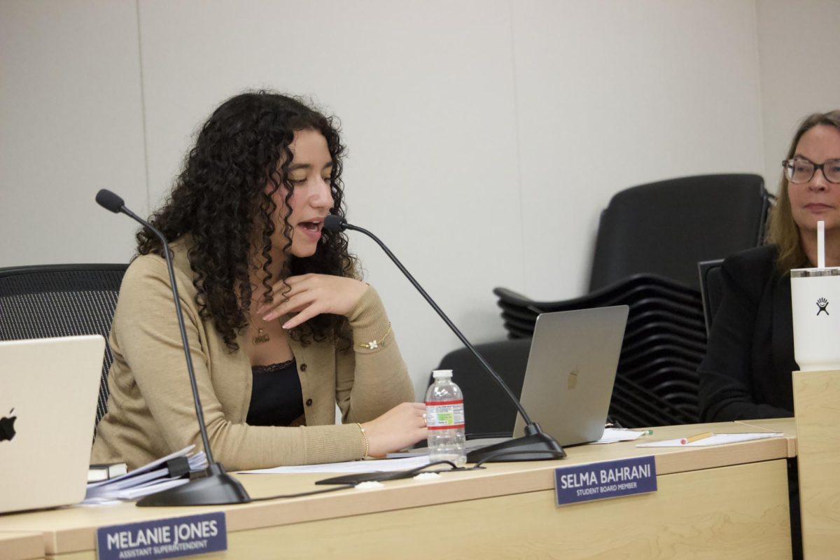 Student Board Member senior Selma Bahrani speaks about the new grading proposal at the board meeting on Nov. 18.