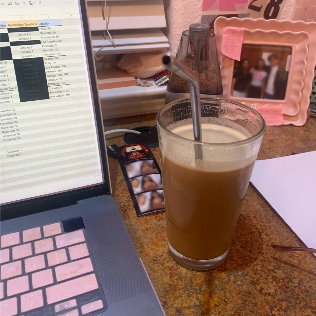 Many nights are now spent with a tall glass of coffee at my desk, my application spreadsheet still open on my laptop.//Mahika Katariya